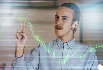 Businessman, statistics overlay and night in office for financial goal, progress or market analysis for future. Man, 3d hologram chart or hands for growth, profit or data analytics for fintech vision