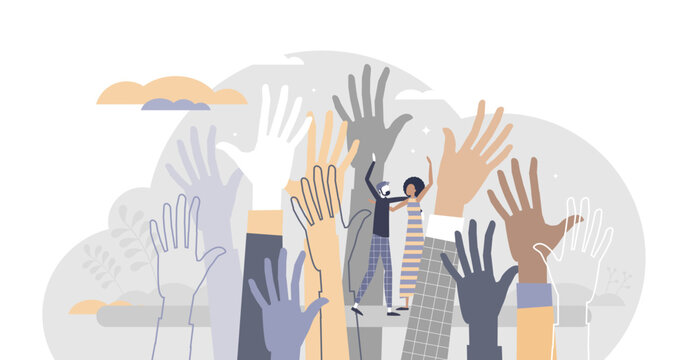 Social diversity as multicultural and race raised hands tiny person concept, transparent background. Different skin color, various gender, culture and ethnic groups united.