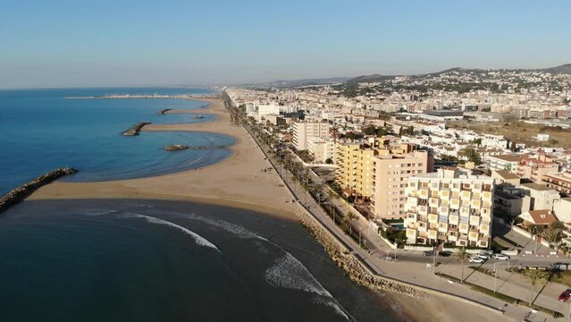 View from drone of Cunit beach and mediterranean sea at Catalonia, Spain