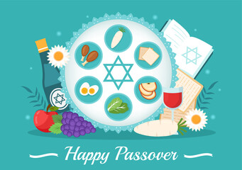 Happy Passover Illustration with Wine, Matzah and Pesach Jewish Holiday for Web Banner or Landing Page in Flat Cartoon Hand Drawn Templates