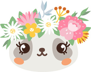 Cute spring vector illustration. Panda face in a wreath of flowers. 