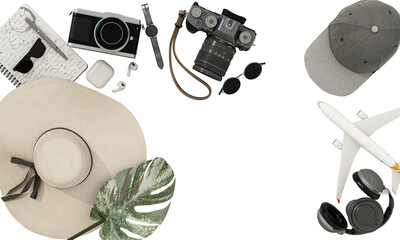 Top view travel concept with retro camera film, sunglasses, hat, sweets and coffee cup. white desk top with copy space Travel essentials vintage tone effect on a white background 3d rendering - 573435255