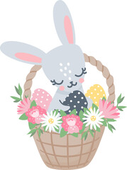 Vector illustration for Easter celebrations. Cute bunny sitting in a basket holding Easter eggs. 