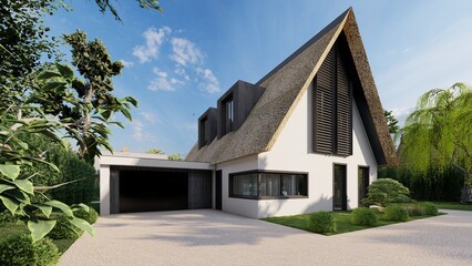 Modern house with thatch roofing, reed roof on the house, pool area and garden. 3D render.