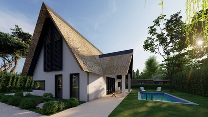 Modern house with thatch roofing, reed roof on the house, pool area and garden. 3D render.