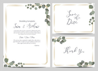 Vector template for wedding invitations. Eucalyptus leaves. Invitation card with gold frame, thank you, save our date
