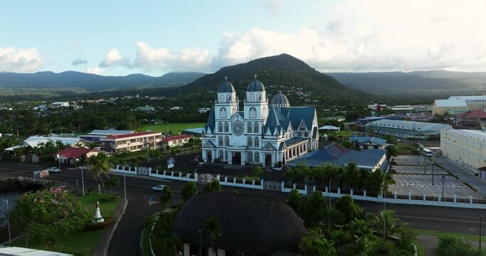 Aerial View Of The Immaculate Conception Cathedral During Sunset In Apia, Samoa. - approach