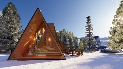 Forest lodge in a snowy forest with a terrace. 3D render.