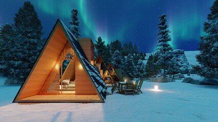  House in the forest in a snowy forest with a view of the northern lights. 3D render.