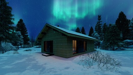 House in the forest in a snowy forest with a view of the northern lights. 3D render.