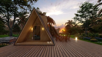 Forest lodge in a tropical forest with a terrace. 3D render.