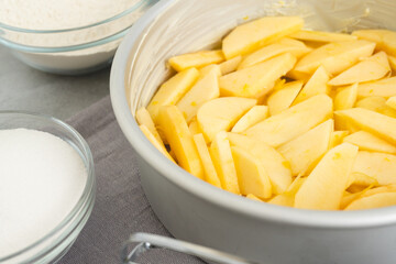Baking pan with apple slices, sugar, and flour in bowls close-up on a kitchen table. Apple cake recipe