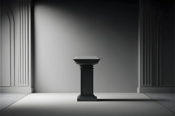 Black Podium/Dias in the center of a dark grey room with a cinematic spotlight for product display/exhibition.