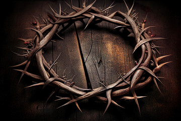 Fototapeta na wymiar The crown of thorns of Jesus on old wood in dark background. Generative AI.