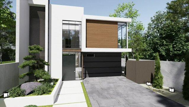 Luxurious modern house with a convenient entrance and a garage, 3d animation.