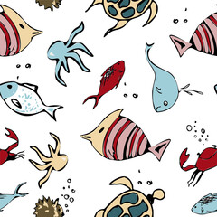 Illustration underwater animals. Marine coloring doodle with different nautical elements. Vector nautical seamless pattern with sea elements.  for wallpapers, prints, textiles, fabric, backgrounds.