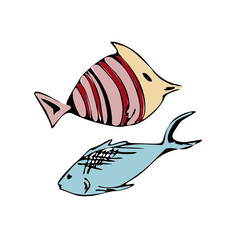 Illustration underwater animals. Marine coloring doodle with different nautical elements.