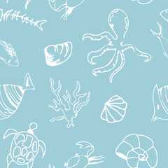 Marine coloring doodle with different nautical elements. Vector nautical seamless pattern with sea elements.  for wallpapers, prints, textiles, fabric, backgrounds. Underwater animals vector