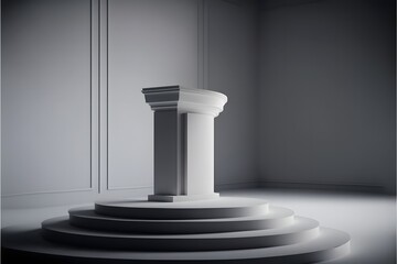 White marble Podium/Dias in the center of a white room with a cinematic spotlight for product display/exhibition.