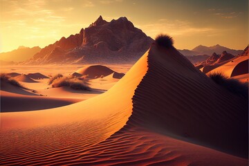 Plakat desert with sand dunes and mountains in the background. generative ai.