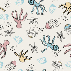 Marine coloring doodle with different nautical elements. Vector nautical seamless pattern with sea elements.  for wallpapers, prints, textiles, fabric, backgrounds. Underwater animals vector