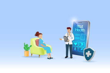 Tele health, online doctor consultation technology. Virtual doctor in medical mobile app give advise to pregnant woman in health problem. Medical and health care service. Vector.