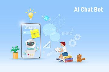 AI chat bot assist kid student doing homework assignment. Artificial intelligence robot generates information and summarize knowledge to accomplish tasks in smart solution. Education Technology.