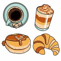 cartoon style set of morning Coffee and Pastry. Fresh breakfast, beverage and different type of dessert. Isolated illustration for cafe and Bakery. collection of food sticker.