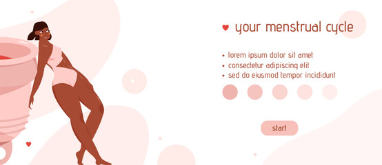 Menstrual cup lending page. Web banner with African-American woman and text.