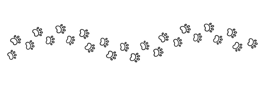 Dog paw print wave line. Cute cat pawprint. Pet foot trail. Black dog step silhouette. Simple doodle drawing. Vector  isolated on white background.