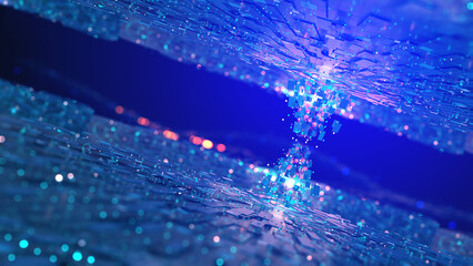 Cyberspace, neural network, big data, information flow, stream,  fantastic urban landscape of a futuristic city. 3D illustration of data transmission technology