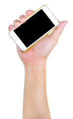 Human hand holding blank mobile smart phone