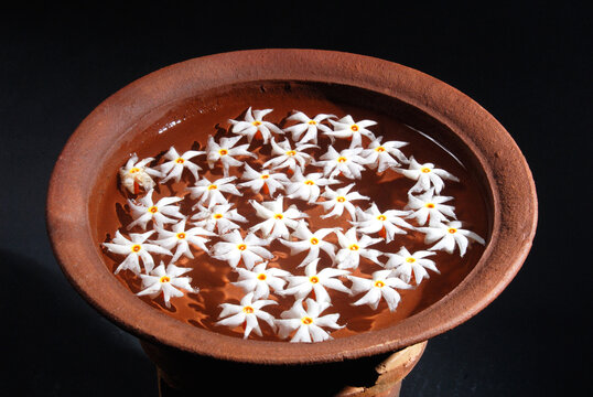 a pile of nyctanthes arbor (sepalika flower) tristis on a water clay pedestal. Sri Lanka.