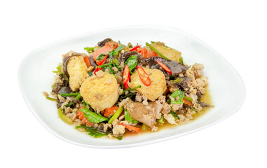 Stir fried tofu with minced pork isolated