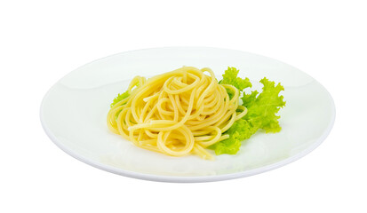 spaghetti with lettuce on white dish isolated
