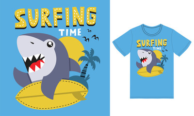 Surfing shark illustration with tshirt design premium vector