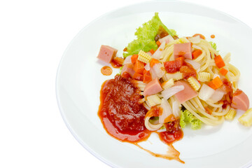 Spaghetti pasta with sausage isolated