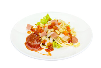 Spaghetti pasta with sausage isolated