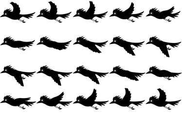 Flying crow dark with glowing eyes.Animated black flying crow.Sprite-sheet animation for video games.