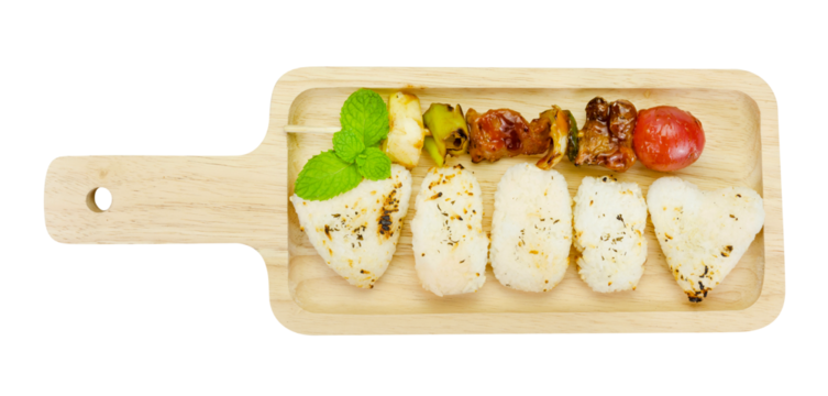 skewer of mixed meat and vegetables with grilled rice isolated