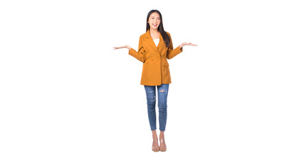 Full length portrait of a young female pretty asian woman positive pointing fingers away while standing white background	
