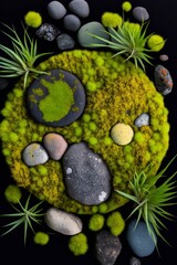 Obraz na płótnie Canvas close up of rocks and plants on a black surface. generative ai.