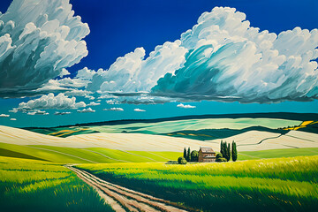 Obraz premium Landscape of a luxurious summer day, where golden fields. Generative AI