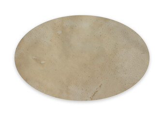 Old beige paper cut in the shape of an oval on an insulated transparent background. Inscription card with blank space.