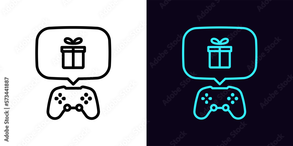 Poster outline game controller icon, with editable stroke. gamepad and bubble notice frame with gift box si