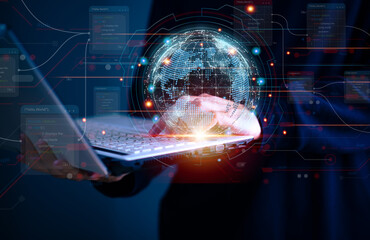 Businessman touching histogram the virtual earth global network connection and interface activated, globalization innovation technology and global business concept.