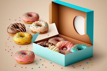 image, glazed colored donuts in an open box, generative ai
