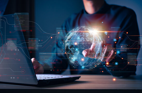 Businessman touching histogram the virtual earth global network connection and interface activated, globalization innovation technology and global business concept.