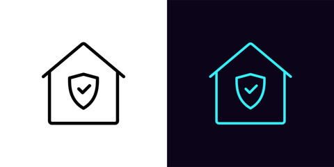 Outline home icon, with editable stroke. House frame with shield and check sign, real estate guard pictogram. Safe deal and insurance guarantee, property protection.