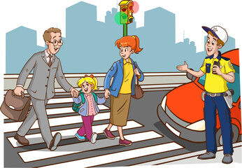 family walking on pedestrian crossing and traffic police helping them
